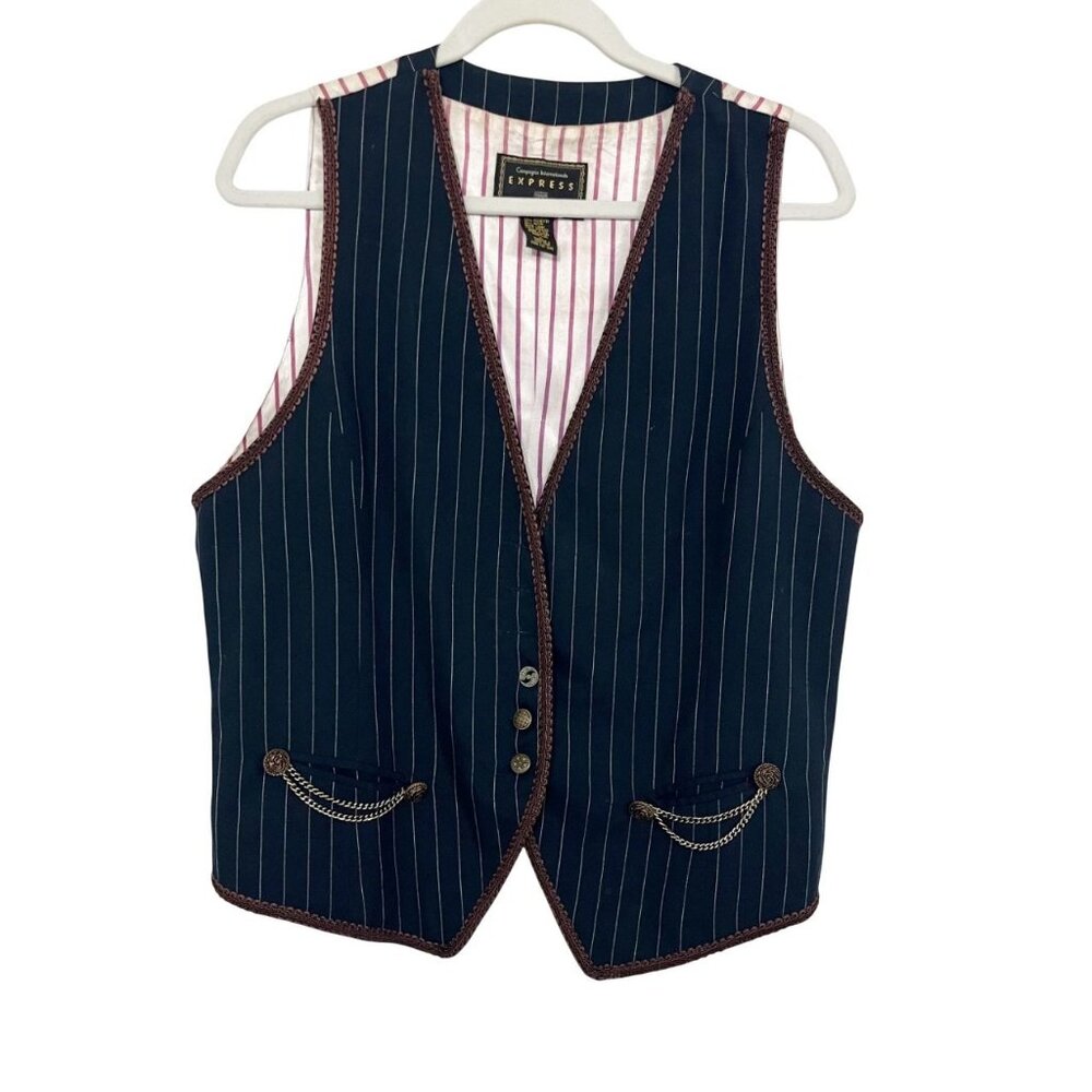 Vintage Express Navy Pin Striped Vest Dark Academia Steampunk Dandy Y2K LARGE